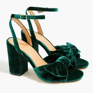 J. Crew Green Velvet Knotted Peep Toe Heels